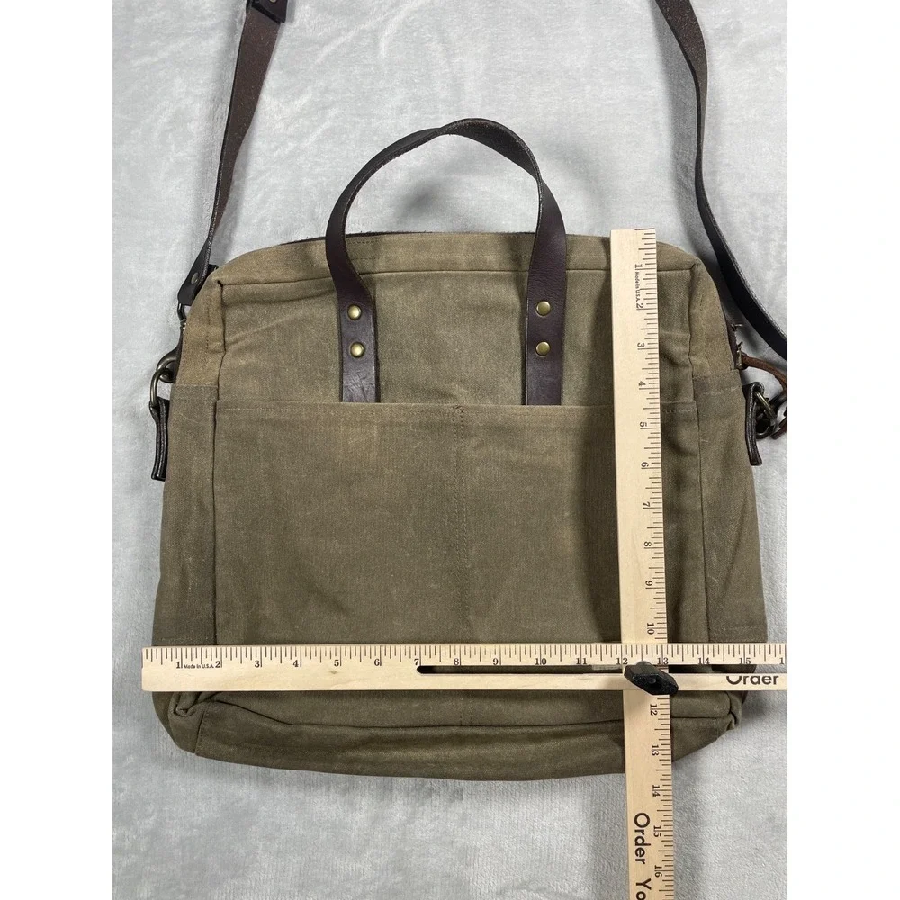 J. Stark Waxed Canvas Briefcase Messenger Bag Olive Brown Leather Strap USA